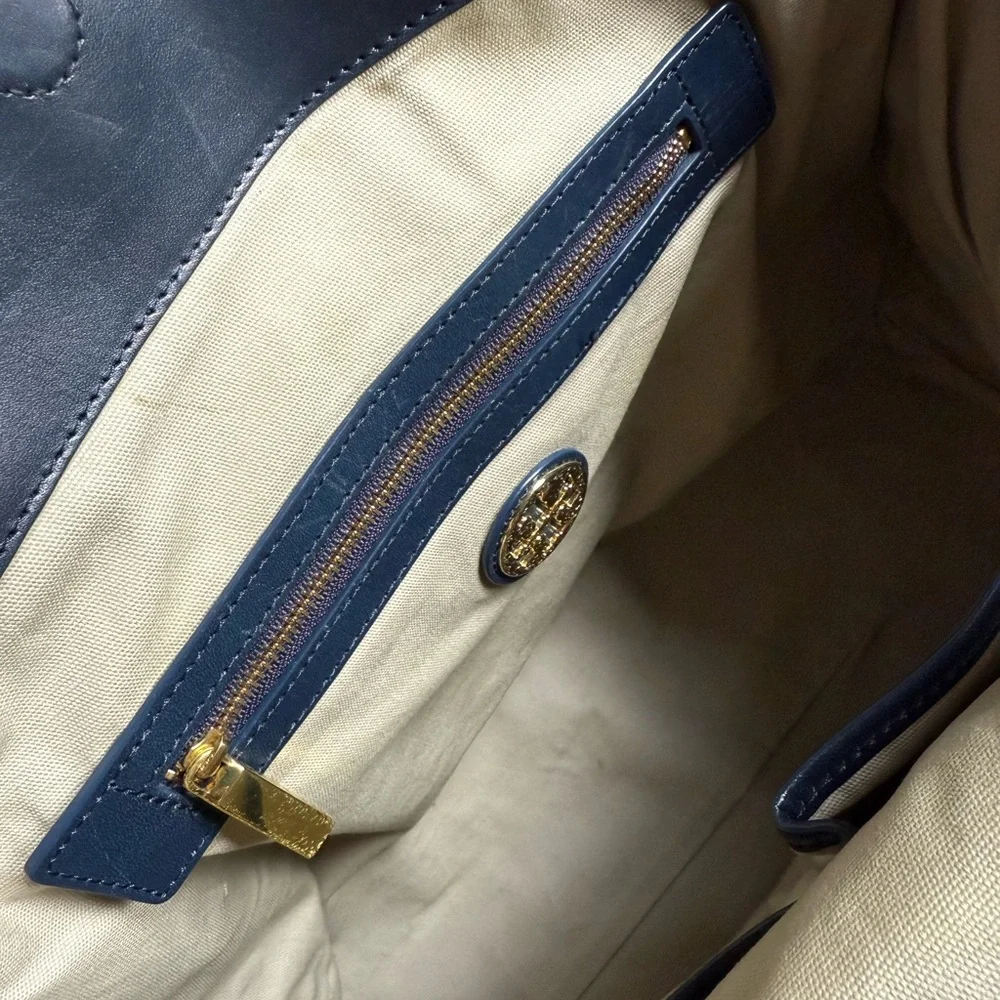 Tory Burch Navy Blue and Canvas Cream Women's Tote Bag